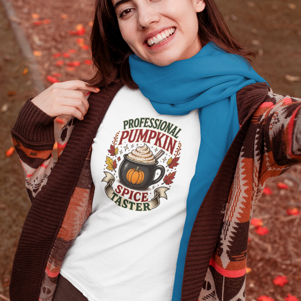 Aqua crew-neck T-shirt with white pumpkin-spice coffee graphic on the chest
