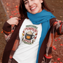 Aqua crew-neck T-shirt with white pumpkin-spice coffee graphic on the chest