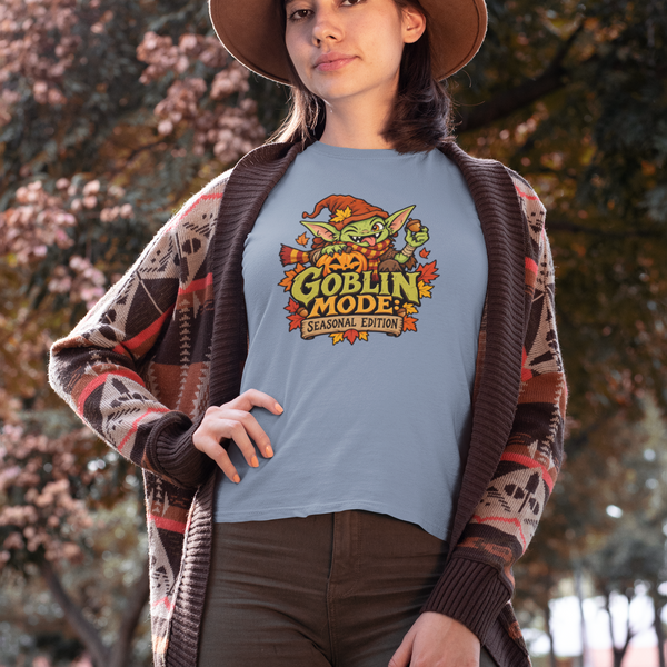Light blue crew-neck graphic t-shirt with goblin mascot and seasonal edition logo