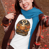 White crew-neck T-shirt with pumpkin-spice cauldron graphic