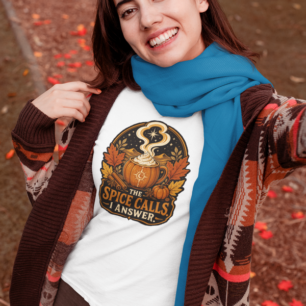 White crew-neck T-shirt with pumpkin-spice cauldron graphic