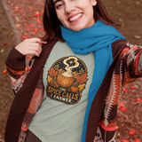 Light green crew-neck T-shirt with pumpkin-spice cauldron graphic
