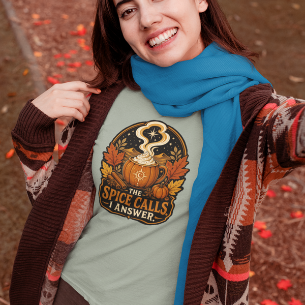 Light green crew-neck T-shirt with pumpkin-spice cauldron graphic