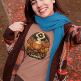 Tan T-shirt with front circular pumpkin spice cauldron graphic text 