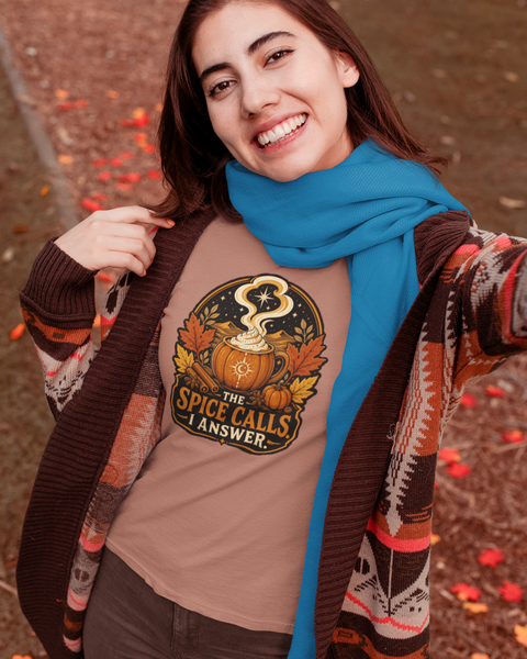 Tan T-shirt with front circular pumpkin spice cauldron graphic text "I ANSWER".