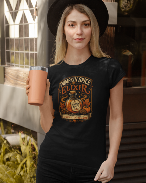 Black crew-neck T-shirt with Pumpkin Spice Elixir front graphic