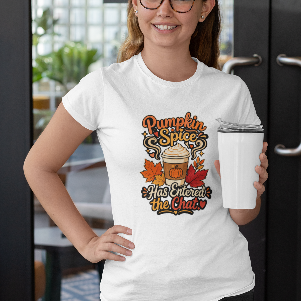 White T-shirt with “Pumpkin Spice Has Entered the Chat” graphic and short sleeves