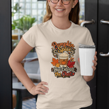 Soft cream crew-neck T-shirt with pumpkin spice coffee chat graphic