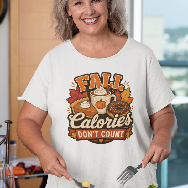 White T-shirt with autumn “FALL Calories DON’T COUNT” food graphic, short sleeves