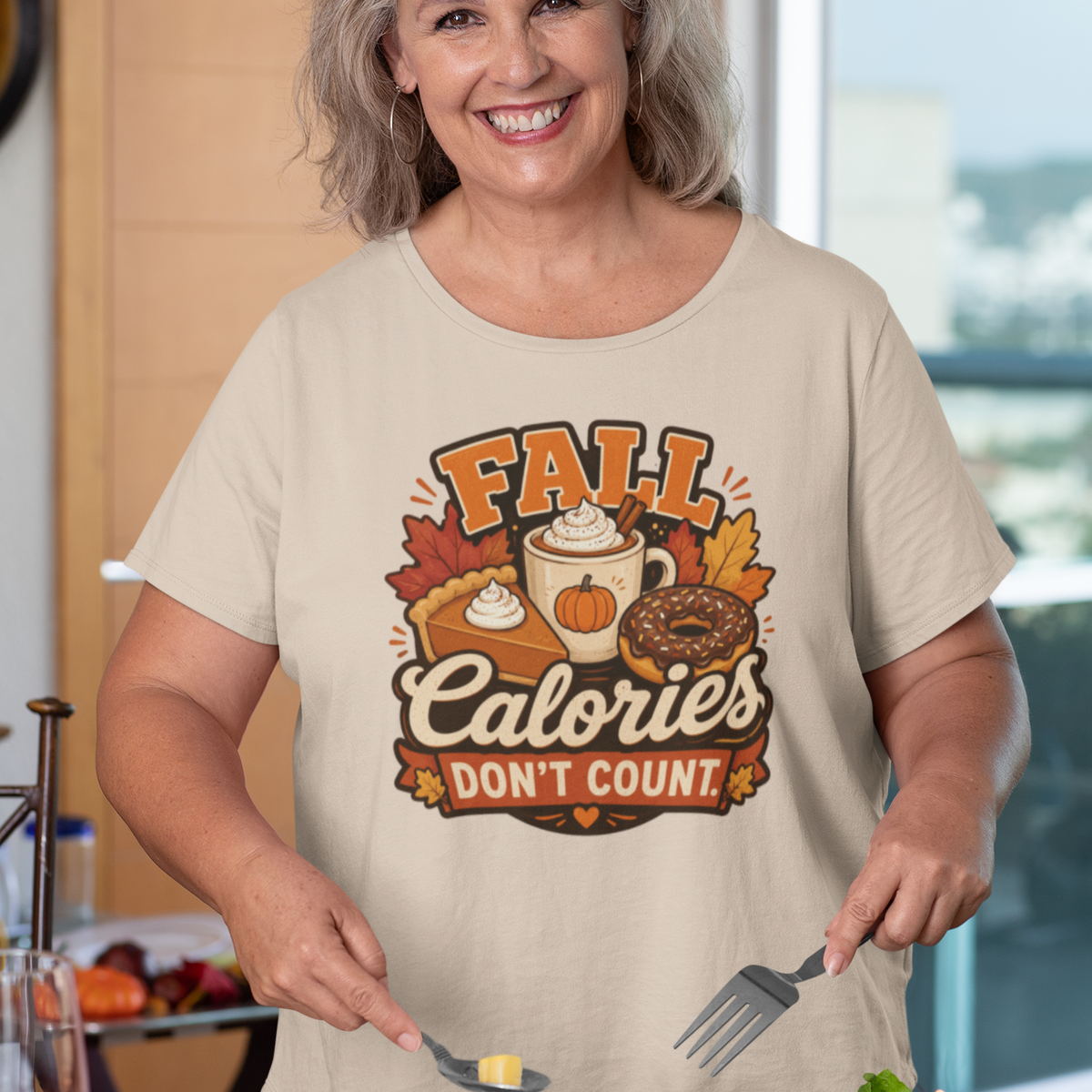 Fall Calories Don't Count t-shirt, light cream crew neck, front 'FALL Calories' graphic