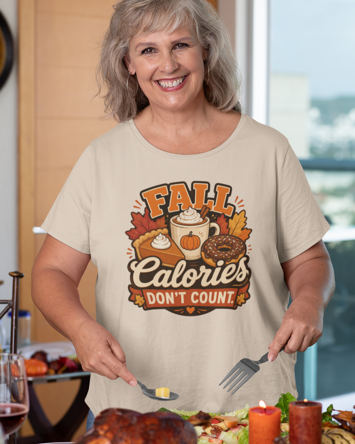 Fall Calories Don't Count t-shirt, light cream crew neck, front 'FALL Calories' graphic