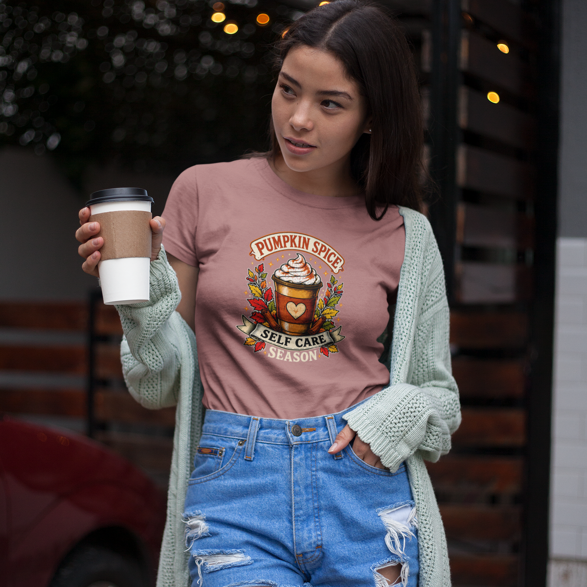 Mauve T-shirt with "Pumpkin Spice" and "Self Care Season" graphic, crew neck