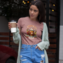 Mauve T-shirt with "Pumpkin Spice" and "Self Care Season" graphic, crew neck