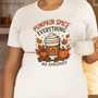 Soft cream crew-neck t-shirt with pumpkin spice coffee graphic and "No Apologies"