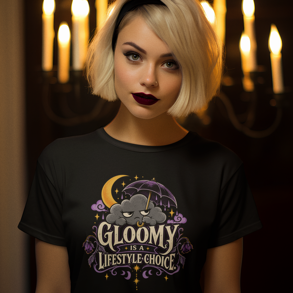 Black T-shirt with purple, gold “Gloomy is a Lifestyle Choice” graphic on front