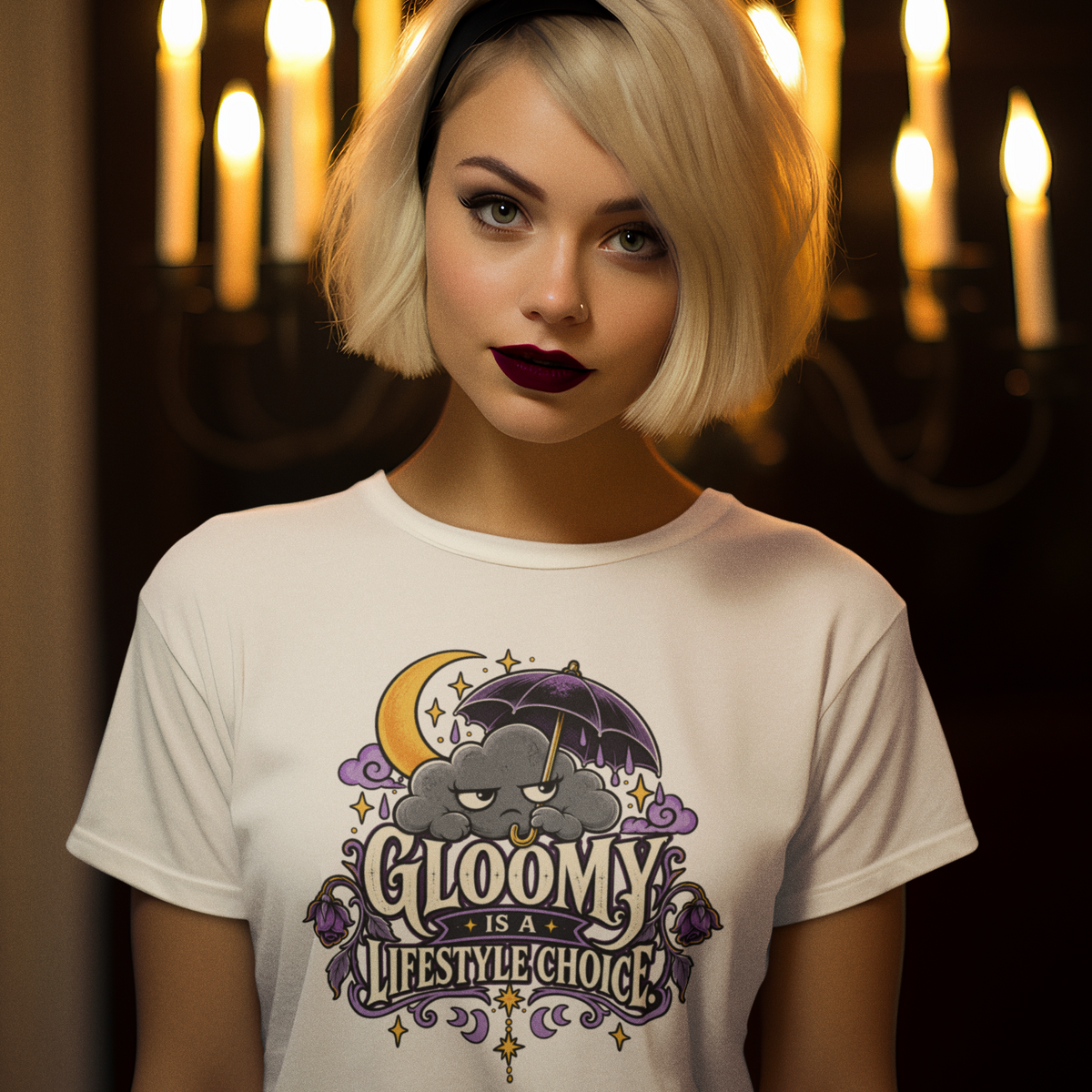 White t-shirt with cartoon goth bat umbrella graphic, worn by model