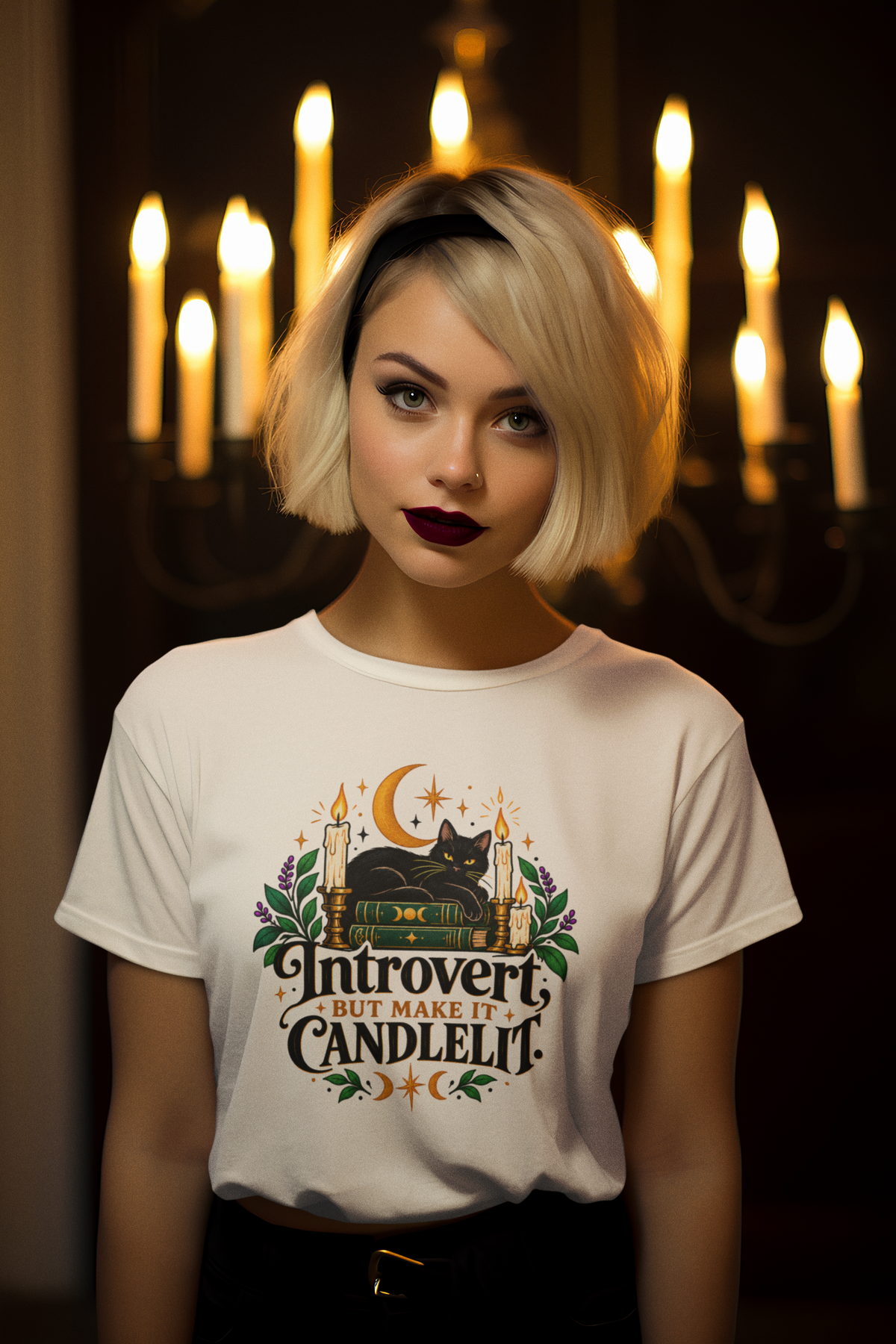 Introvert But Make It Candlelit T-shirt - Witchy Bookish Cat Tee