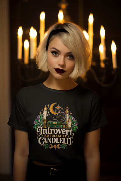 Introvert But Make It Candlelit T-shirt - Witchy Bookish Cat Tee