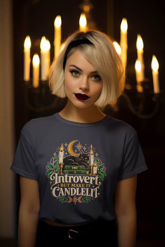 Introvert But Make It Candlelit T-shirt - Witchy Bookish Cat Tee