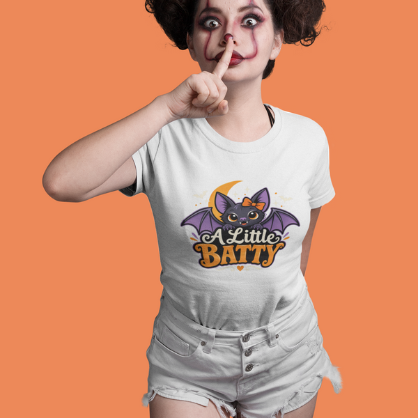 White crewneck T-shirt with bat graphic and Halloween text