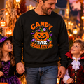 Black crewneck sweatshirt with colorful “Candy Tax Collector” Halloween graphic on chest