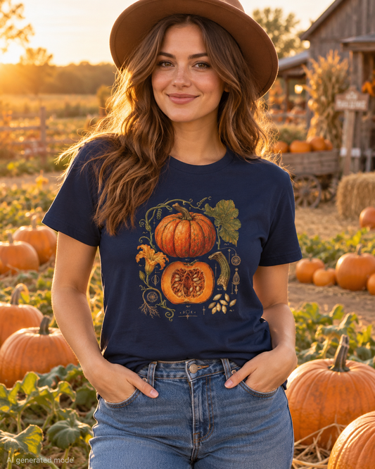 Botanical Pumpkin Study T-Shirt – Vintage Autumn Illustration Tee