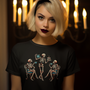 Black Halloween skeleton graphic T-shirt with colorful tea party design, crew neck.