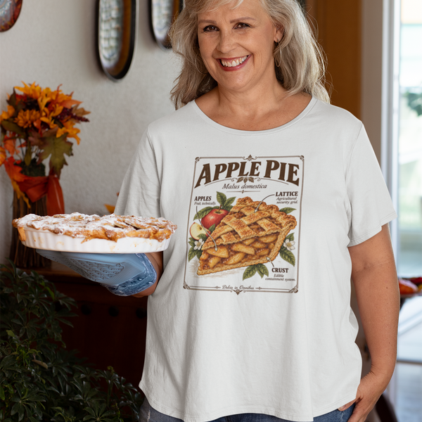 White apple pie graphic t-shirt with crew neckline and front print