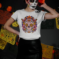 White t-shirt with colorful floral sugar skull graphic at center