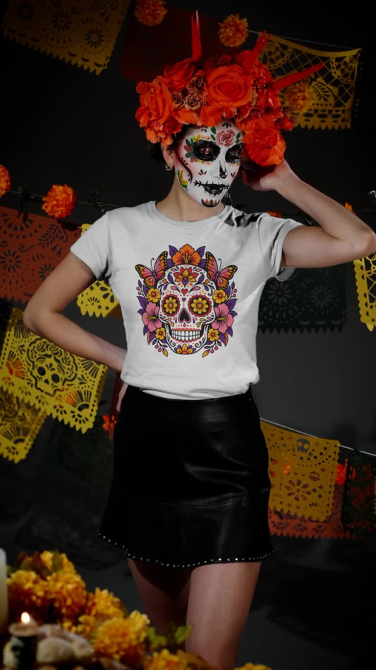 Floral Sugar Skull T-Shirt – Colorful Día de los Muertos Inspired Tee