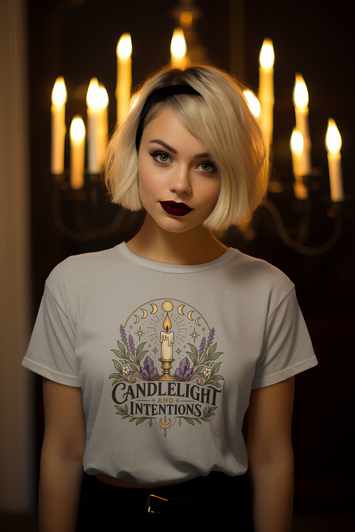 Candlelight and Intentions T-Shirt – Witchy Celestial Tee