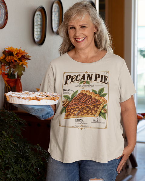 Cream crewneck T-shirt with Pecan Pie graphic on the front