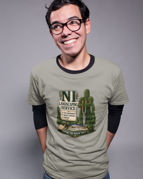 Olive crew-neck T-shirt with green gardening-themed logo graphic on the chest, worn