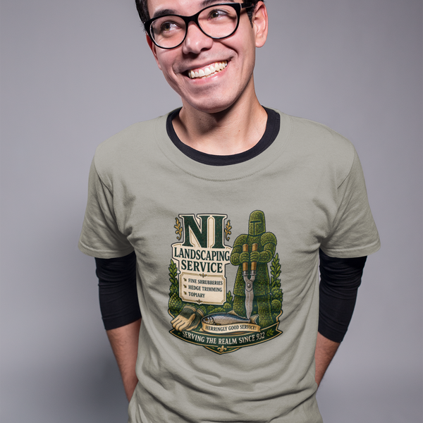 Olive crew-neck T-shirt with green gardening-themed logo graphic on the chest, worn