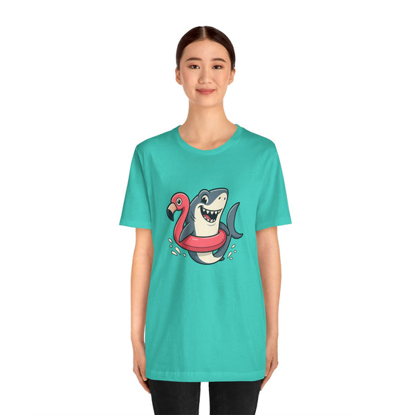 Teal crew-neck T-shirt with shark and flamingo floatie graphic, worn by model