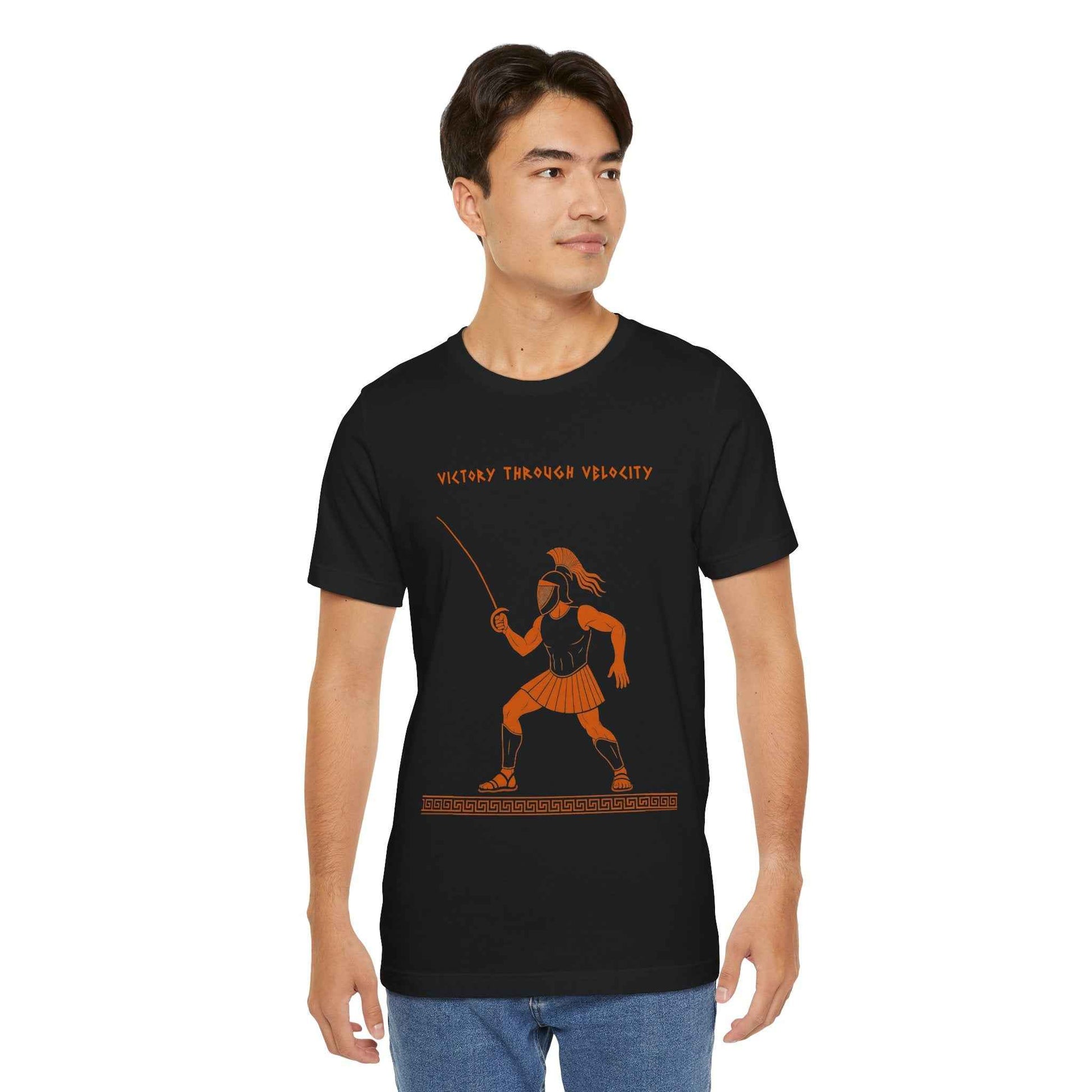 Ares Fencing Saber T-Shirt – “Victory Through Velocity” Greek Mythology Tee