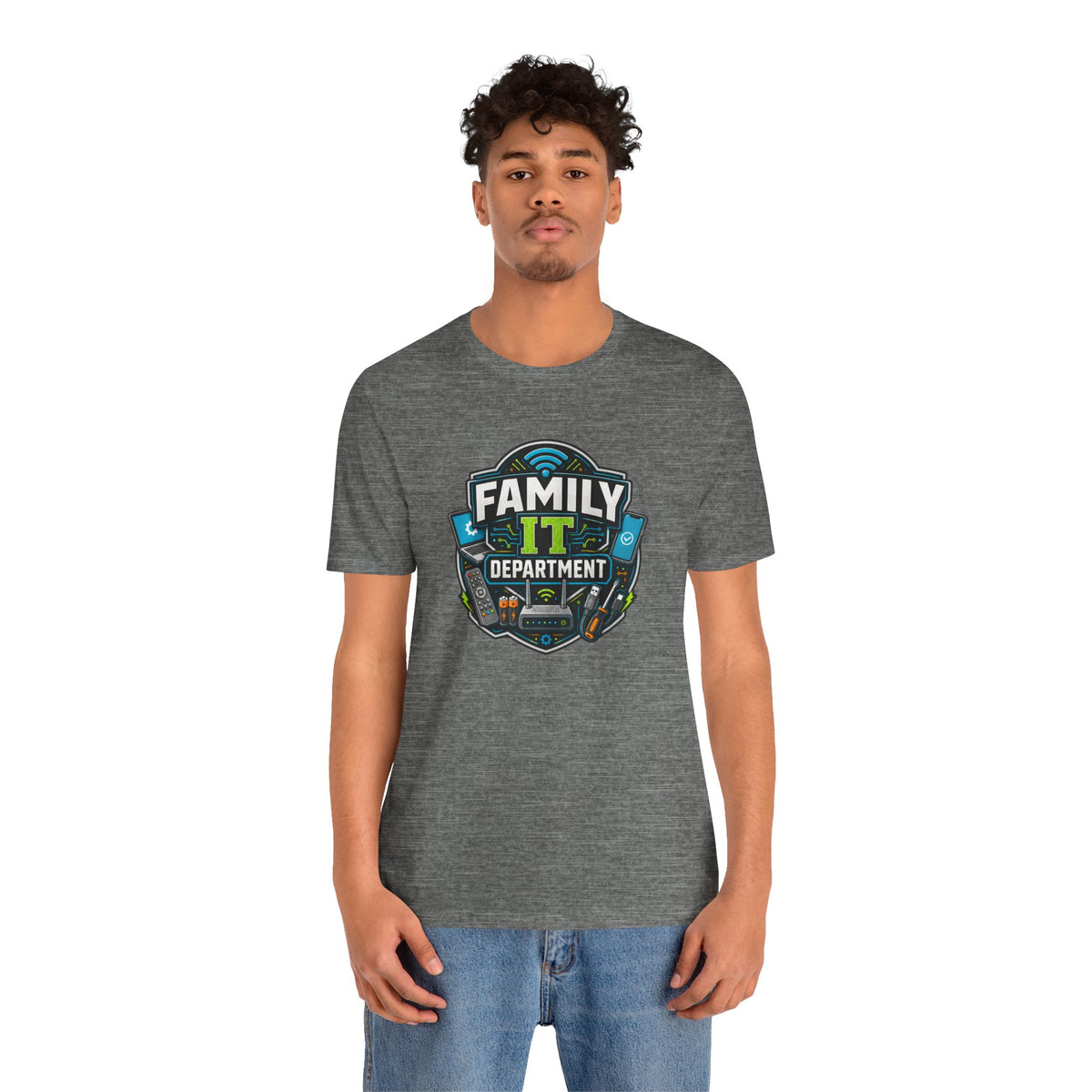 Heather gray crew-neck T-shirt with Family IT Department graphic, full body