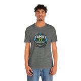 Heather gray crew-neck T-shirt with Family IT Department graphic, full body