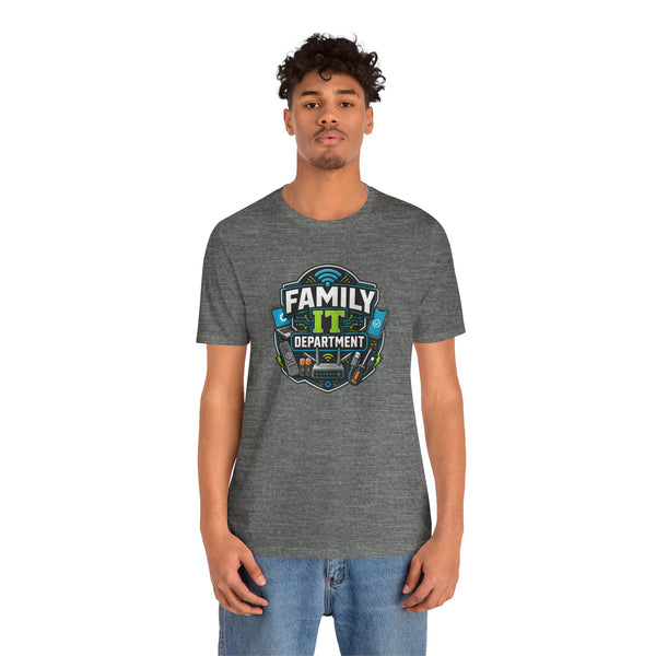 Heather gray crew-neck T-shirt with Family IT Department graphic, full body