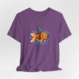 Purple crewneck T-shirt with orange fish swimming graphic on chest