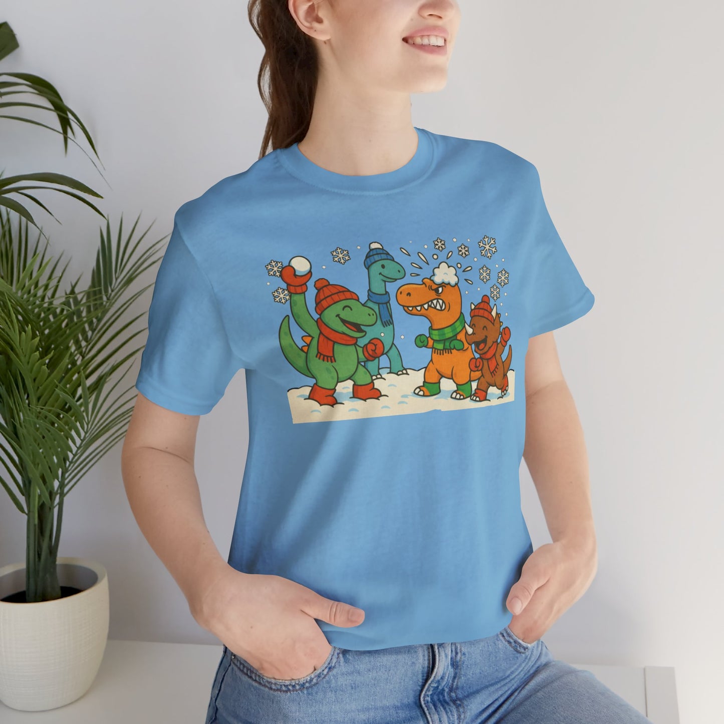 Dinosaur Snowball Fight T-Shirt – Funny Winter Dino Graphic Tee