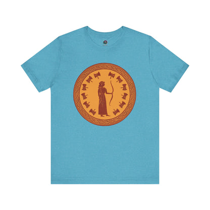 Turquoise Penelope Epic Queen of Ithaca T shirt from Whimspin. The shirt features an image of a woman in ancient Grecian robes holding a bow and surrounded by 12 axes. The images is in terracotta cotta red and gold in the style of ancient amphora art. 