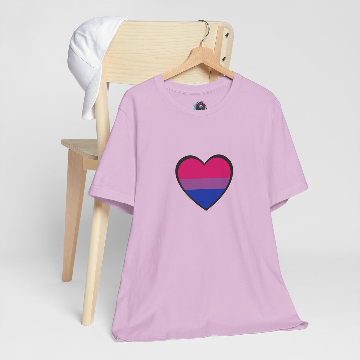 Lavender crew-neck T-shirt with heart graphic in pink and navy