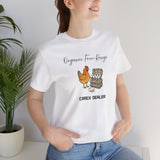 White crew-neck t-shirt worn by model; chicken and egg carton logo on chest