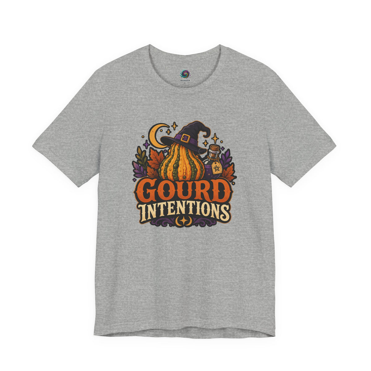 Heather gray witch and pumpkin graphic T-shirt with “Gourd Intentions” text on front