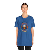 Blue crew-neck t-shirt with pumpkin spice taster graphic, straight-on view