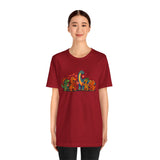 Red dinosaur Valentine T-shirt with colorful dino heart graphic on the chest