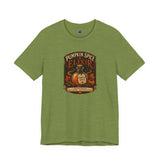Olive green crew-neck T-shirt with Pumpkin Spice Elixir front graphic