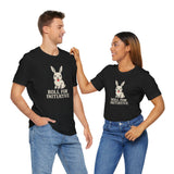 Black crew-neck t-shirts on two models with bunny graphic and “Roll for Initiative” text.