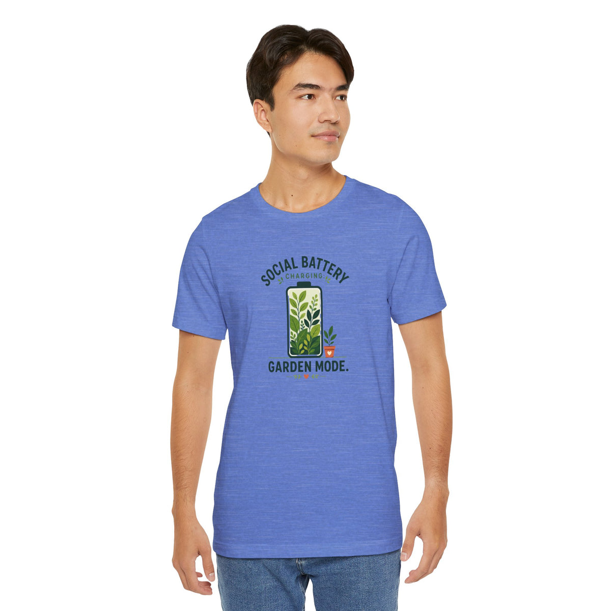 Heather blue T-shirt with “Garden Mode” plant graphic and “Social Battery Charging” text